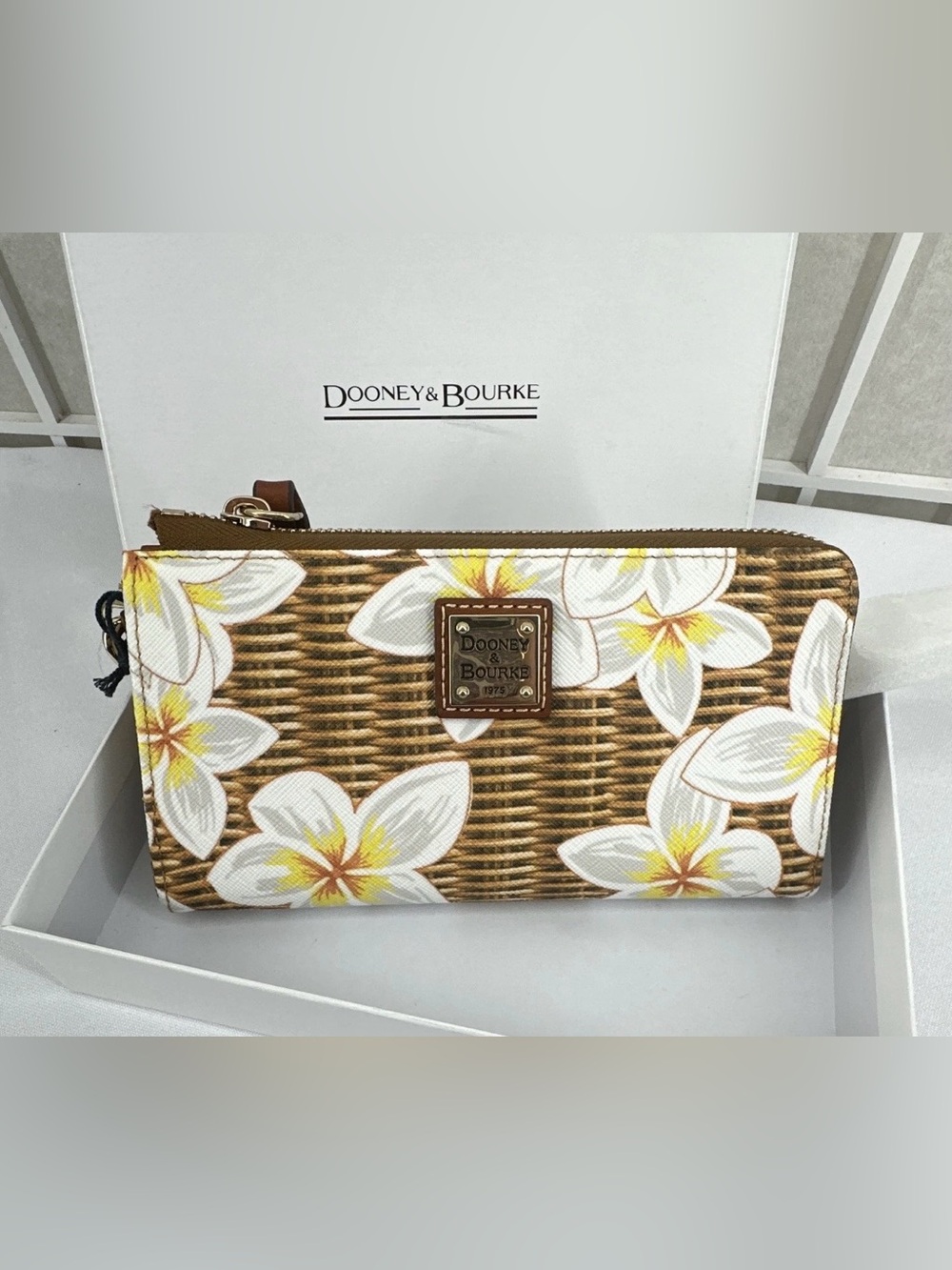 Dooney & Bourke Brown Wicker Floral Wristlet with Yellow Accents